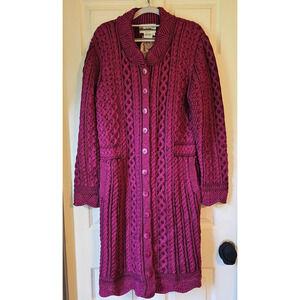 New Aran Crafts Ireland 100% Merino Wool Cable Knit Long Cardigan Coat Sweater L